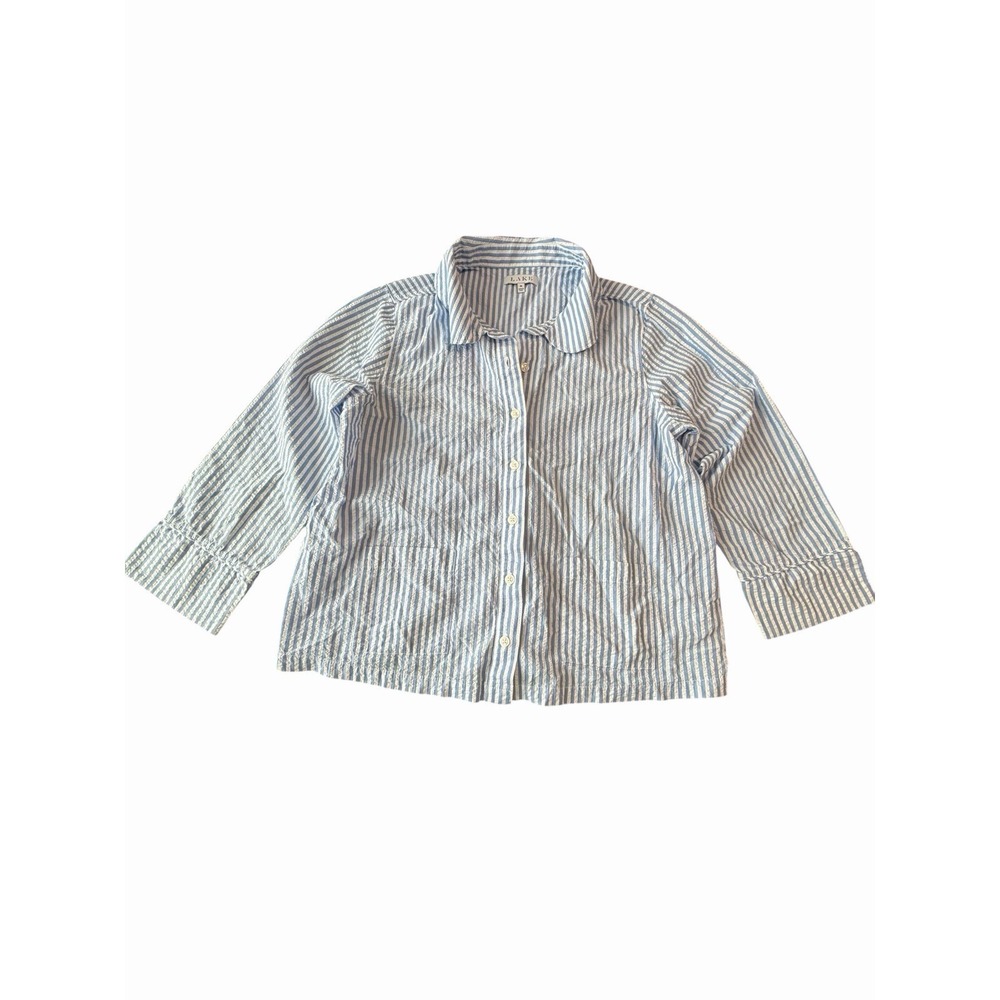 Lake Pajama Top Medium Blue White Stripe Seersucker 3/4 Sleeve Button #GGG8-1